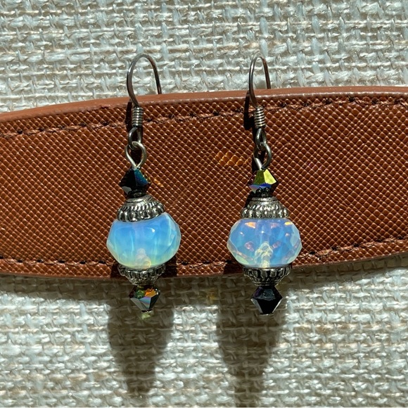 Moonstone-like Stretch Bracelet & Drop Earring Set Black Faceted Bead SilverTone - Picture 2 of 5